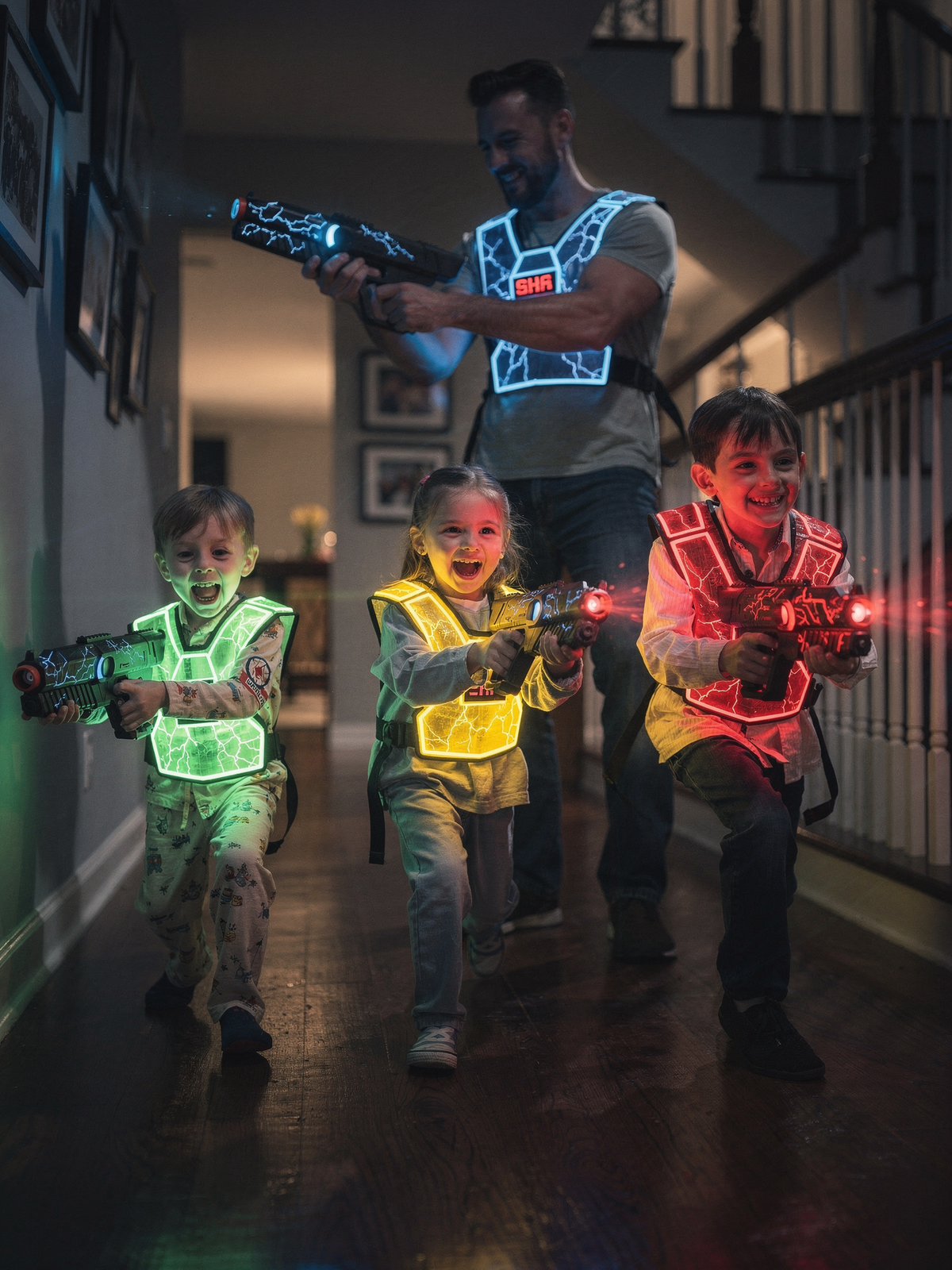 Family laser tag battle at night